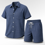 Summer Men's Cotton Linen Texture Lapel Short Sleeve Shirt & Shorts Set, Loose Comfortable Breathable Daily Casual Two-Piece Outfit
